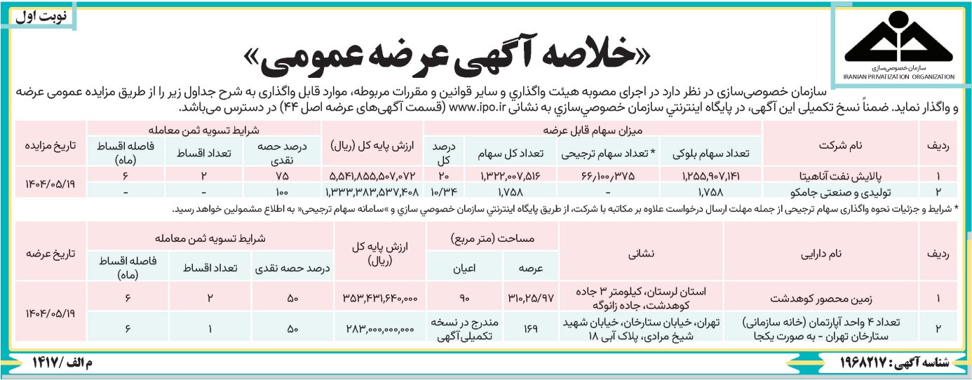 عرضه و واگذاری چند واحد صنعتی و ملکی در مزایده عمومی سازمان خصوصی‌سازی