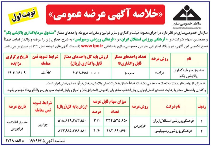 عرضه واحدهای ممتاز پالایشی یکم و سهام دو باشگاه استقلال و پرسپولیس