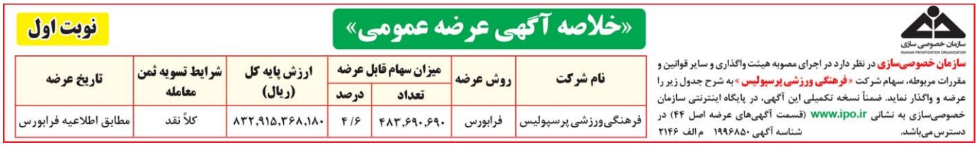 عرضه و واگذاری سهام شرکت فرهنگی ورزشی پرسپولیس